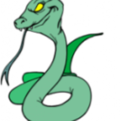Cartoon green snake with yellow eyes.