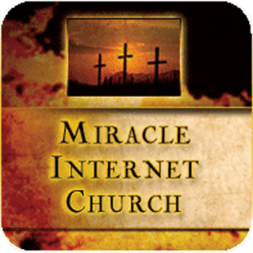 Logo of Miracle Internet Church with three crosses and a fiery background.